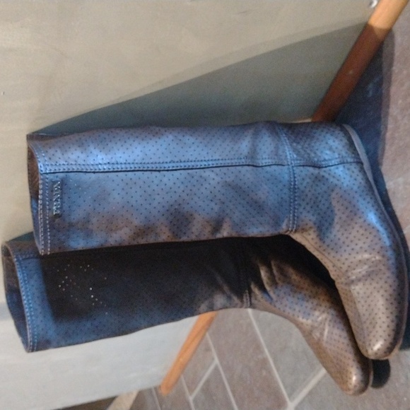 Prada Brown silver metal logo under the knee leather cut out boots size37.5 - Picture 5 of 11